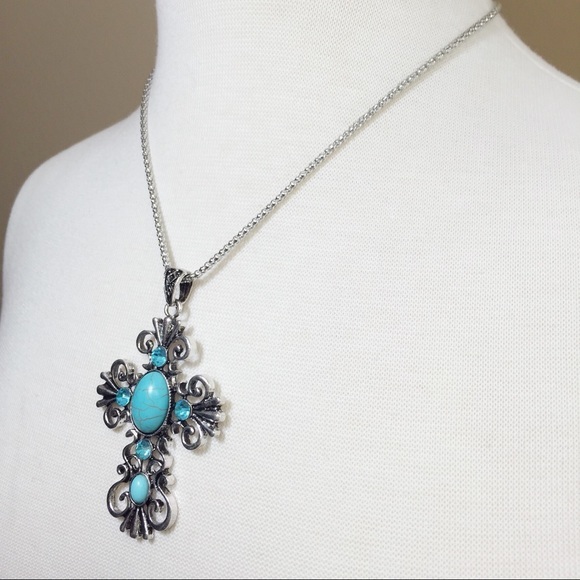 Turquoise Swirl Filigree Cross Western Necklace - Picture 2 of 3